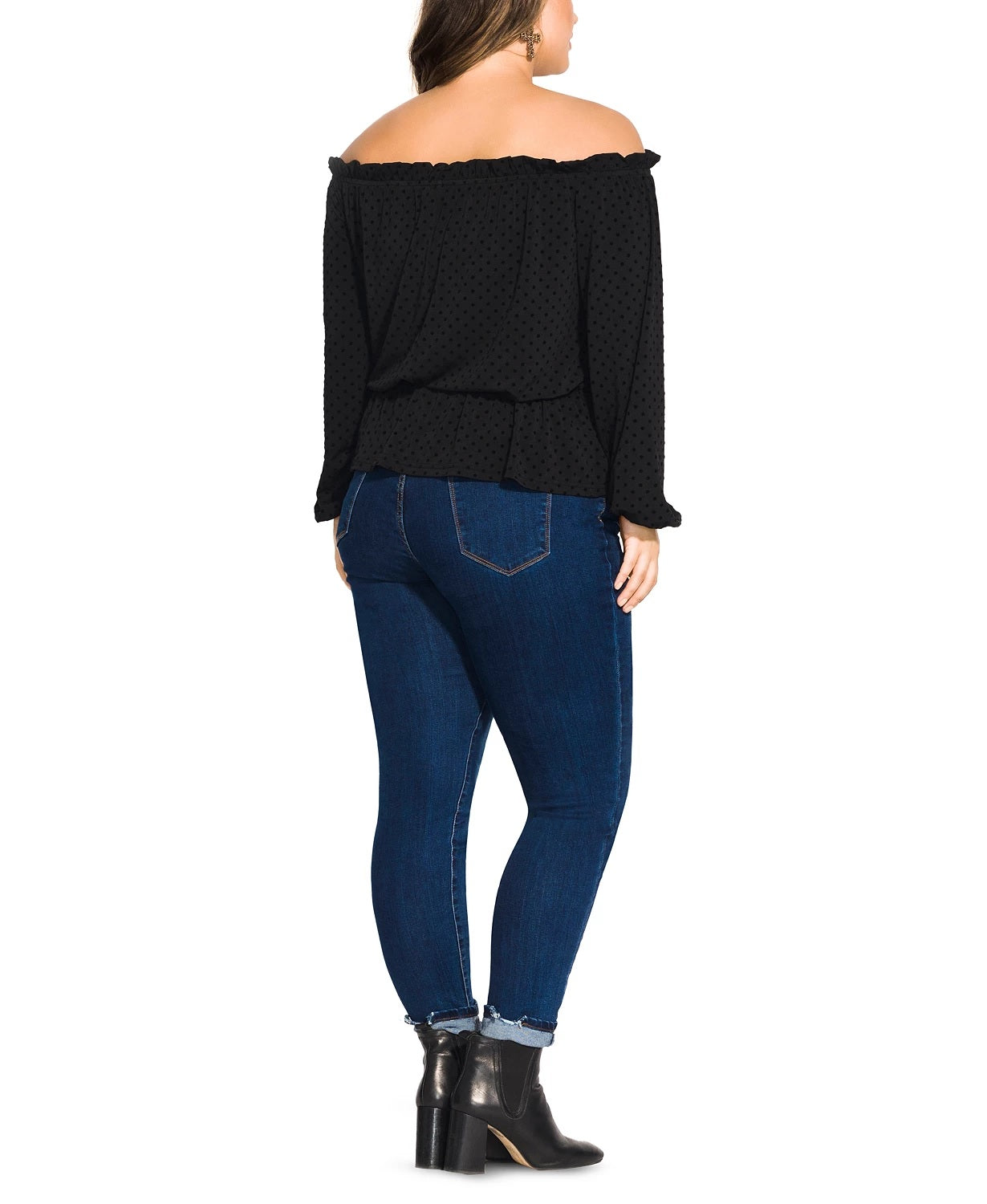 City Chic Women's Trendy Plus Flocked Off The Shoulder Top Black Size 18W