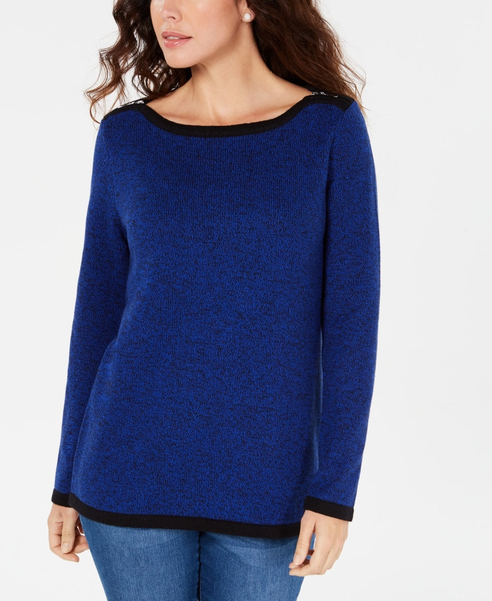 Karen Scott Women's Cotton Contrast-Trim Sweater Blue Size X-Large