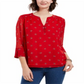 Charter Club Women's Printed Split Sleeve Top Red  Size S