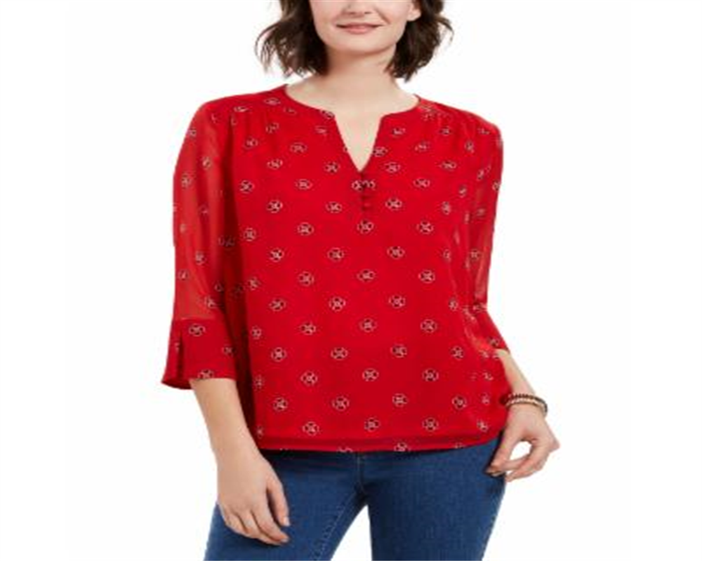 Charter Club Women's Printed Split Sleeve Top Red  Size S