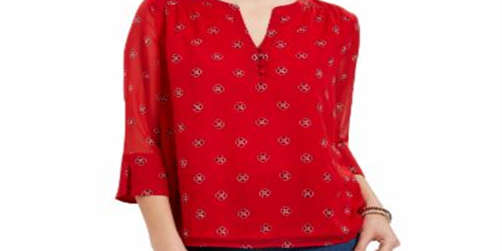Charter Club Women's Printed Split Sleeve Top Red  Size S