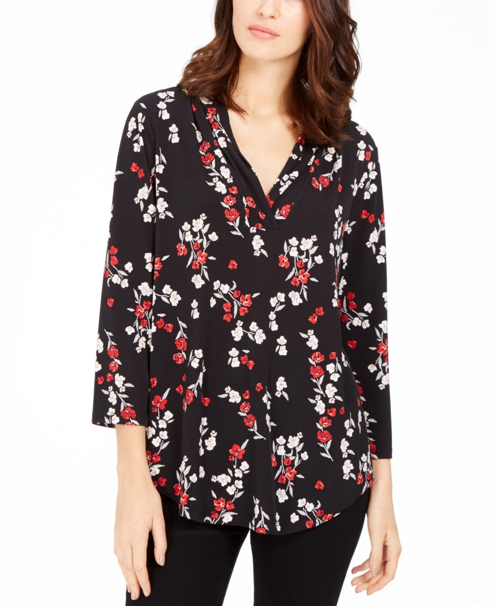 Charter Club Women's Printed V Neck Top Black Size X-Small