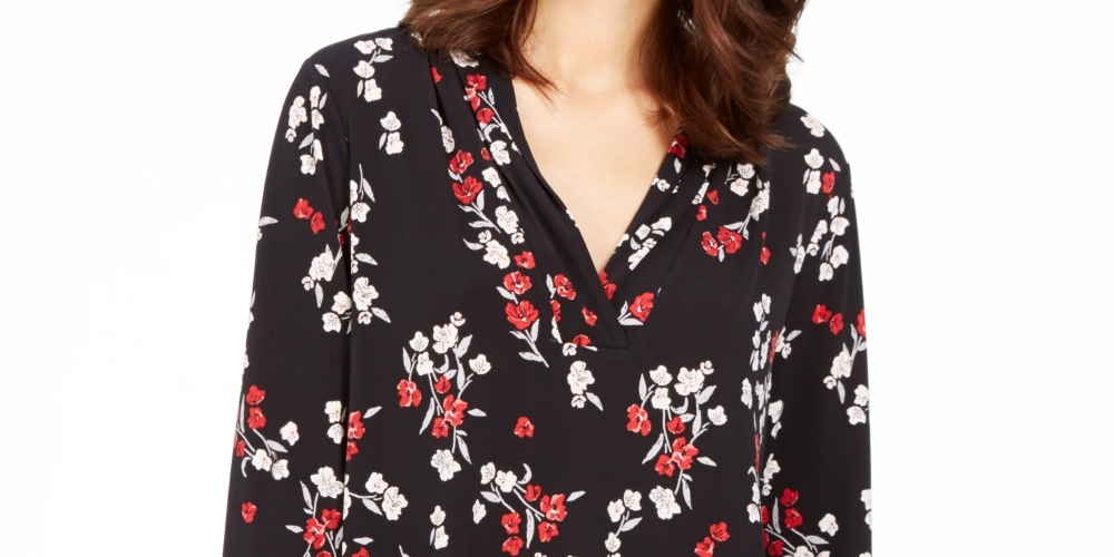 Charter Club Women's Printed V Neck Top Black Size X-Small