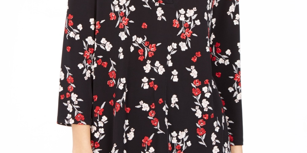 Charter Club Women's Printed V Neck Top Black Size X-Small