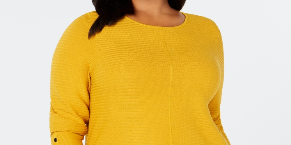 Alfani Women's Plus Size Ribbed Snap Detail Sweater Yellow Size 3X