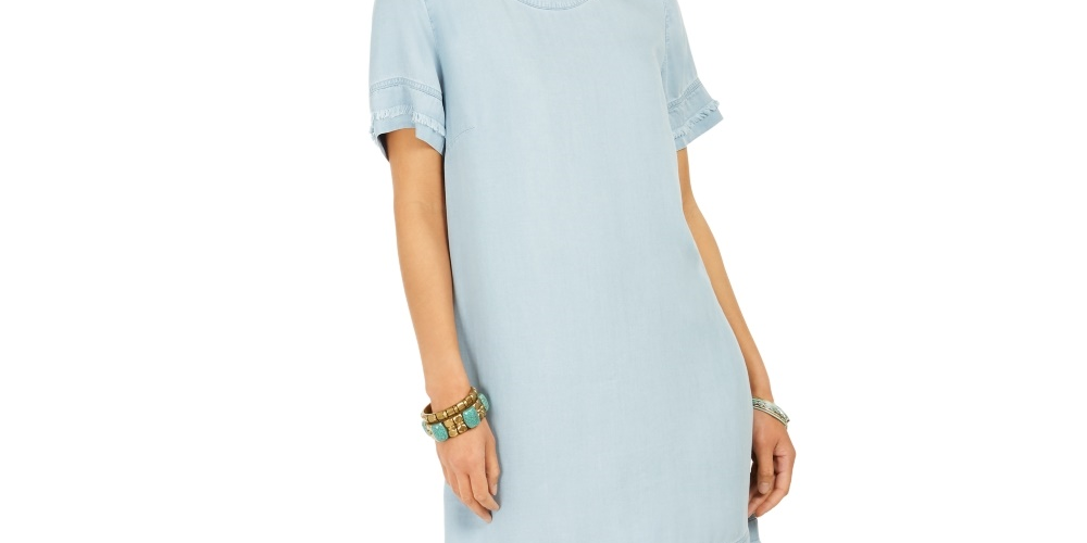 Style & Co Women's Fringed Denim T Shirt Dress Blue Size Small
