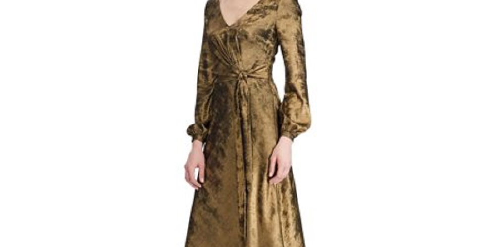 Ralph Lauren Women's Gold Long Sleeve Tea-Length Wrap Dress Gold Size 16