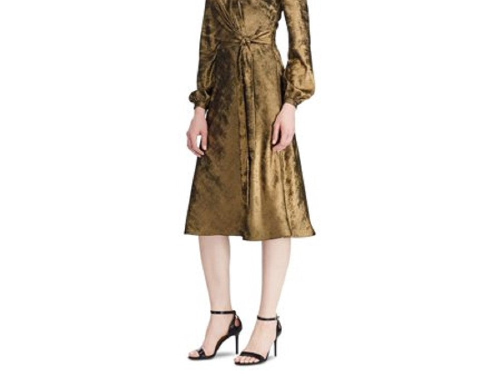 Ralph Lauren Women's Gold Long Sleeve Tea-Length Wrap Dress Gold Size 16