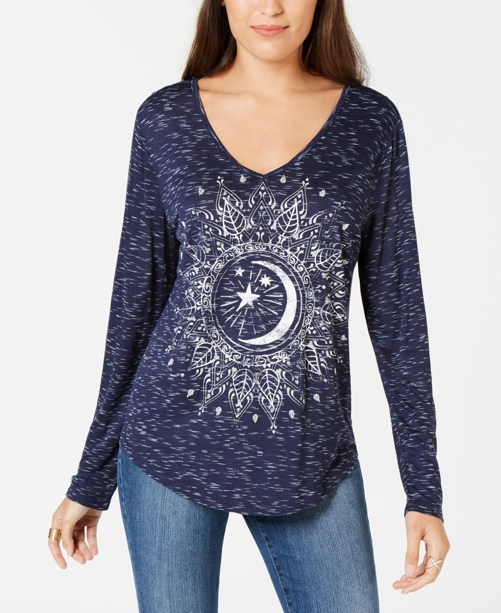 Style & Co Women's Medallion-Graphic V-Neck Top Navy Size X-Small