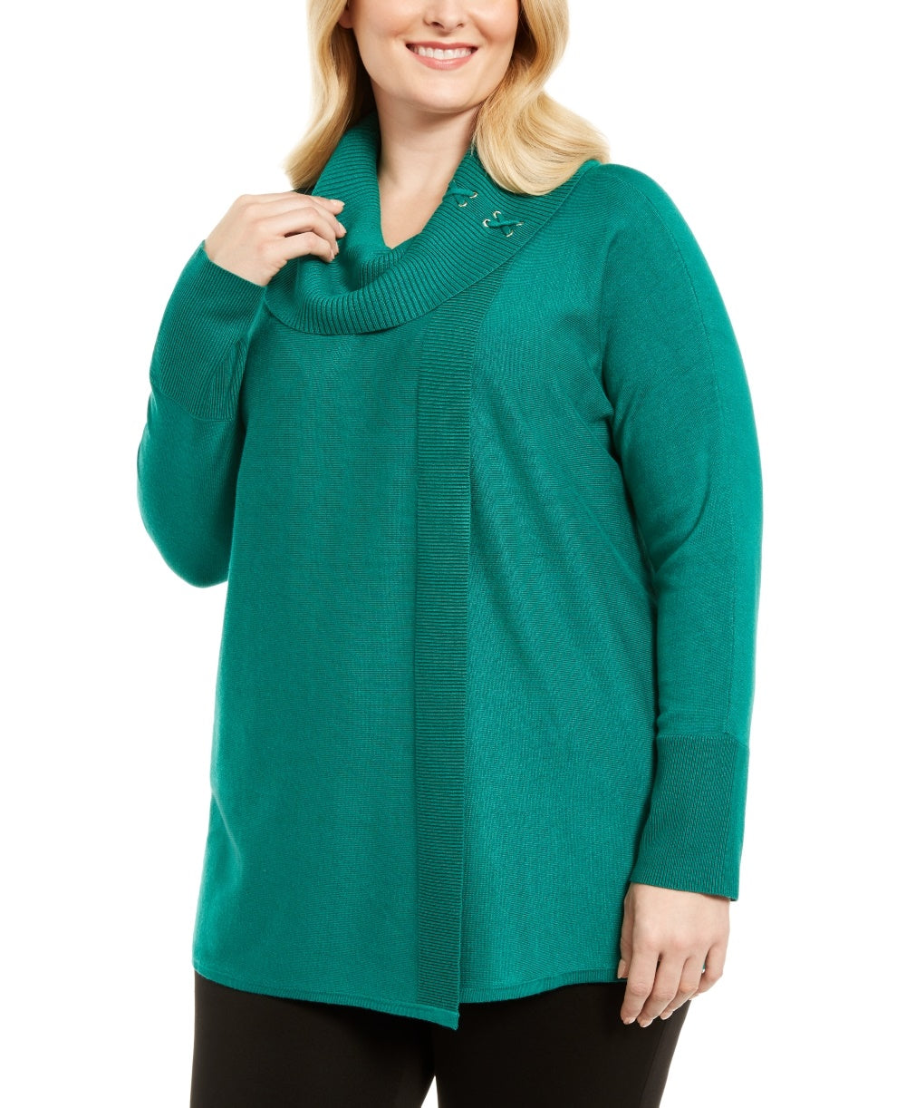 JM Collection Women's Plus Size Lace-Up Cowlneck Sweater Green Size 3X
