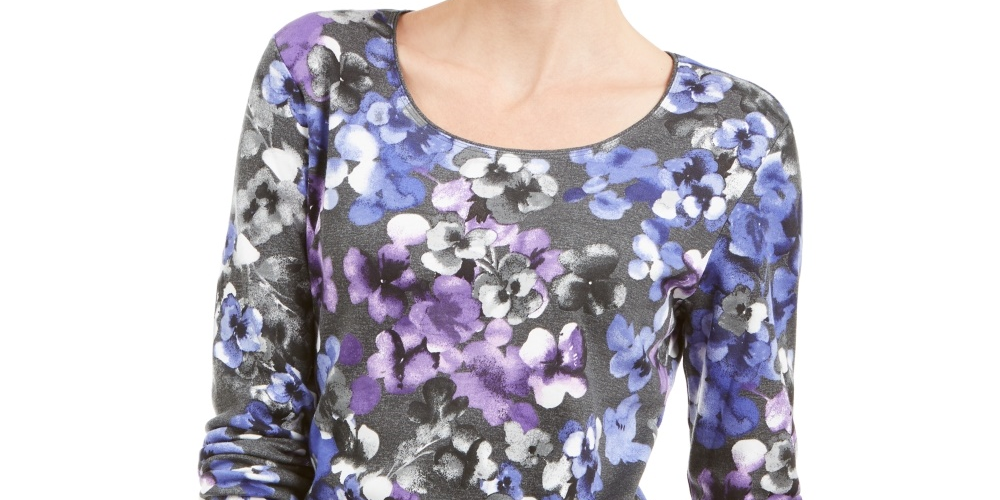 Karen Scott Women's Printed Scoop-Neck Top Grey Size X-Small