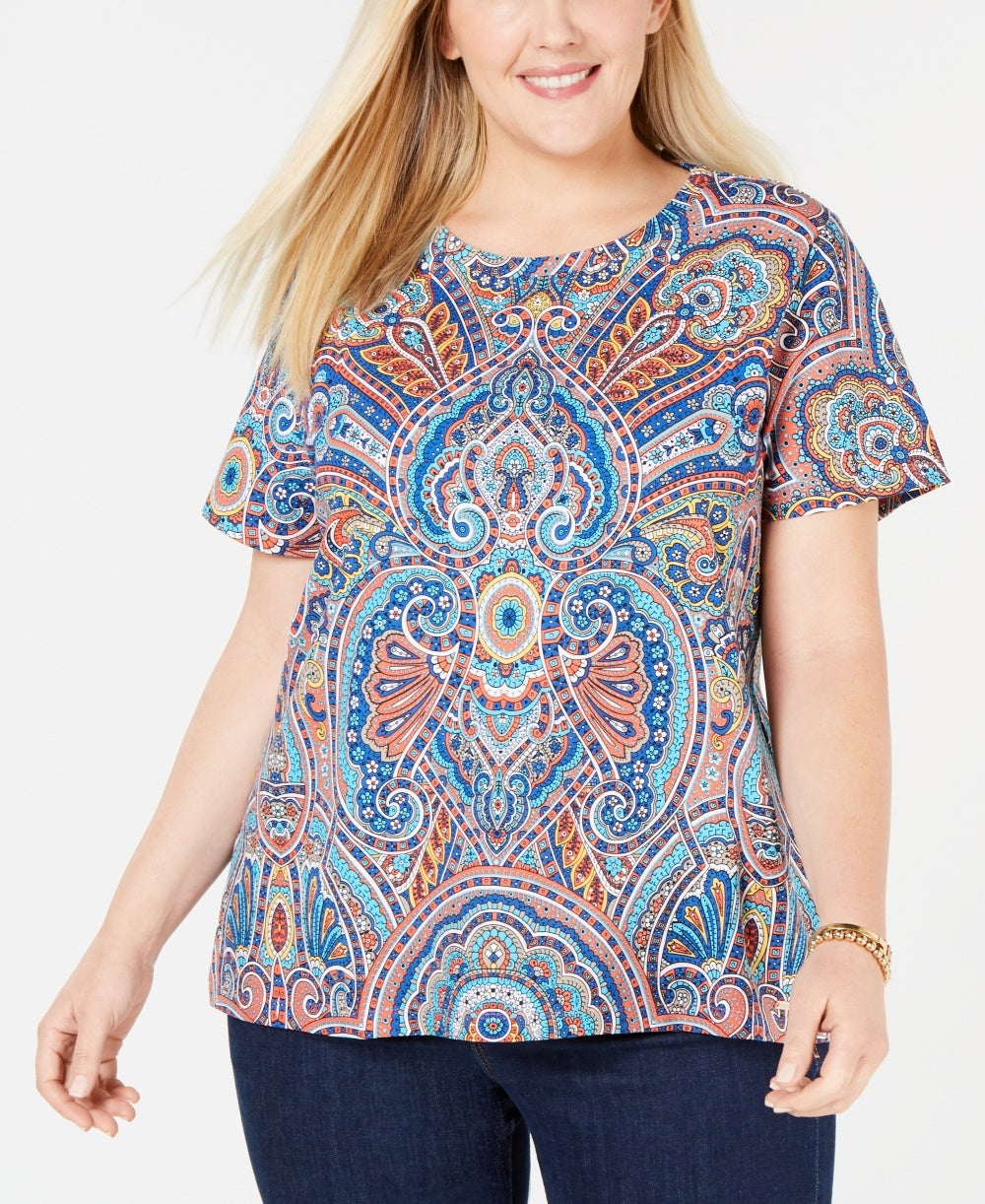 Tommy Hilfiger Women's Plus Size Paisley-Print T-Shirt Red Size 2X