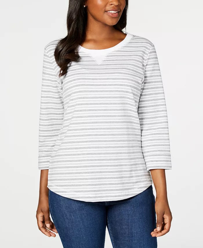 Karen Scott Petite Striped 3/4-Sleeve Sweatshirt  Gray Size Petite Small