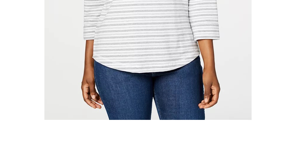 Karen Scott Petite Striped 3/4-Sleeve Sweatshirt  Gray Size Petite Small