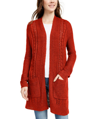 Pink Rose Juniors' Eyelet Long Cardigan Red Size Medium