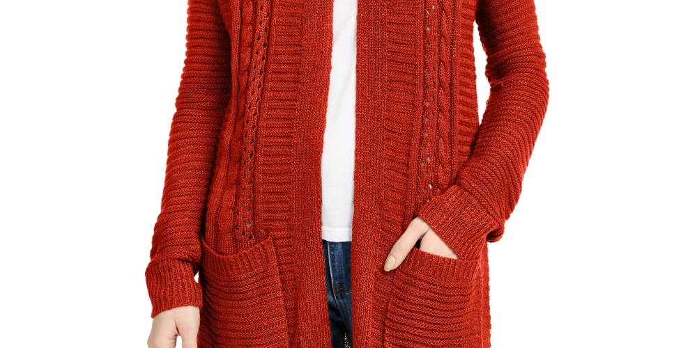 Pink Rose Juniors' Eyelet Long Cardigan Red Size Medium