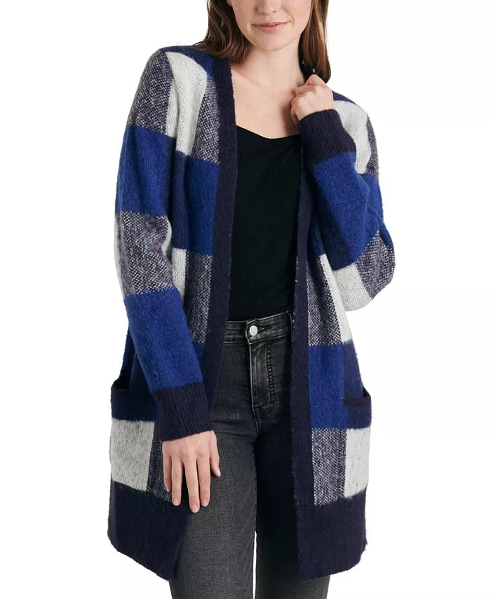 Lucky Brand Womens Wool Blend Check Print Cardigan Sweater Blue Size X-Small