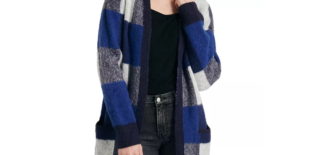 Lucky Brand Womens Wool Blend Check Print Cardigan Sweater Blue Size X-Small