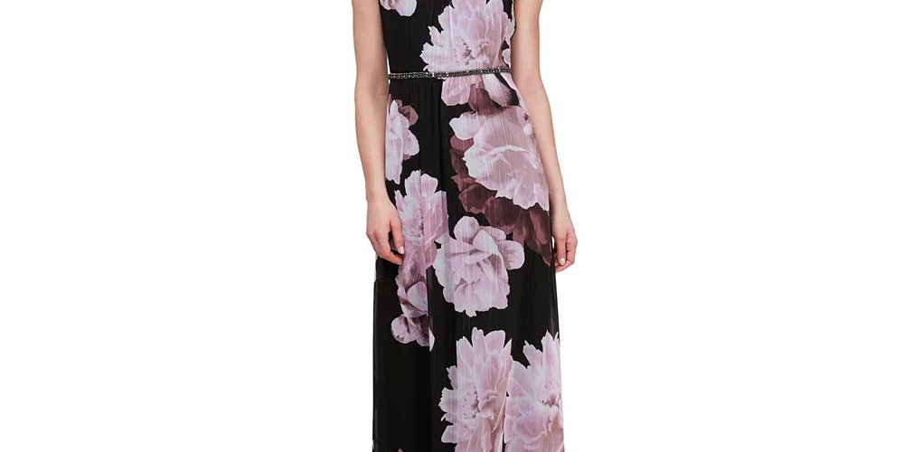 Slny Womens Black Belted Rhinestone Floral Sleeveless Halter Maxi Fit + Flare Formal Dress  Size 16 Mediun Red Size 16