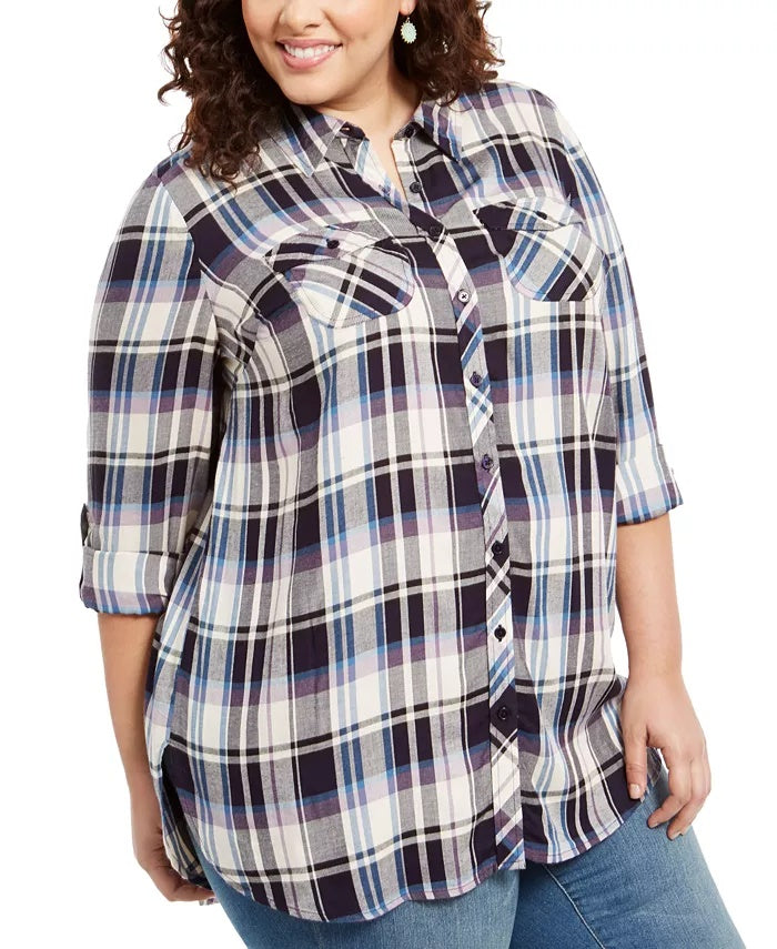 Style & Co Plus Size Plaid Utility Shirt  Navy Size 0X