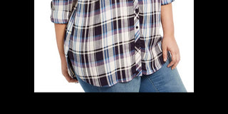 Style & Co Plus Size Plaid Utility Shirt  Navy Size 0X
