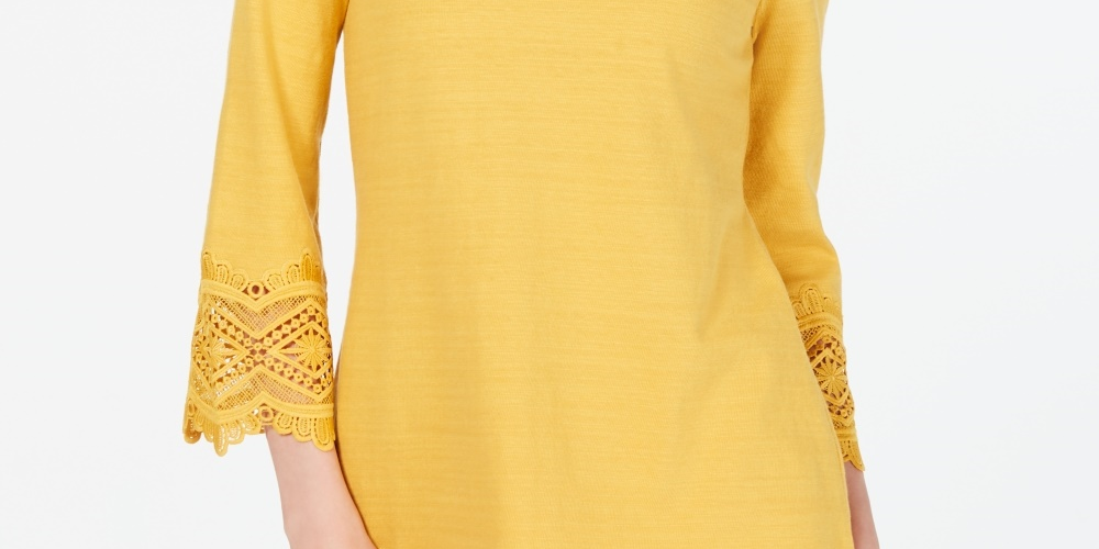Charter Club Women's Petite Cotton Lace-Trim Top Gold Size Petite X-Large