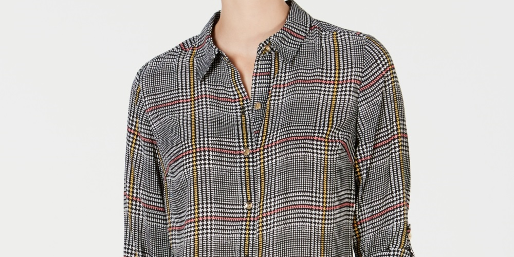 Charter Club Women's Printed Button Front Roll Tab Sleeve Top Black Size Petite X-Large