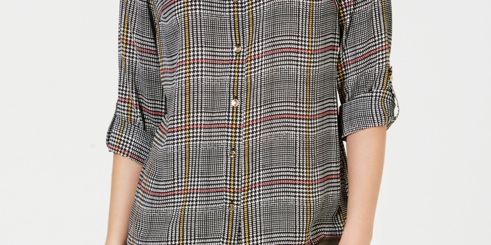 Charter Club Women's Printed Button Front Roll Tab Sleeve Top Black Size Petite X-Large