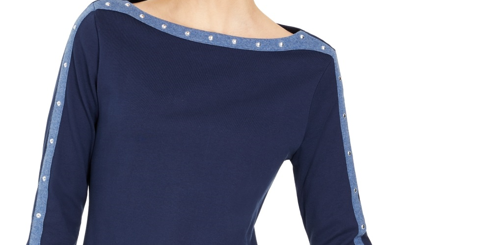 Karen Scott Women's Stud Trim 3/4 Sleeve Top Blue Size Small