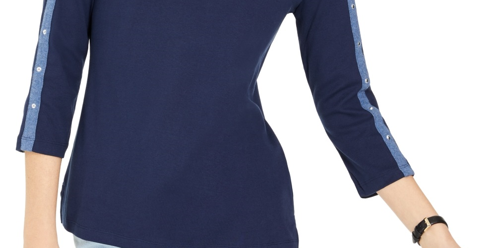 Karen Scott Women's Stud Trim 3/4 Sleeve Top Blue Size Small