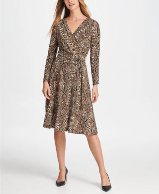 DKNY Women's Python Jersey Wrap Dress Brown Size 10