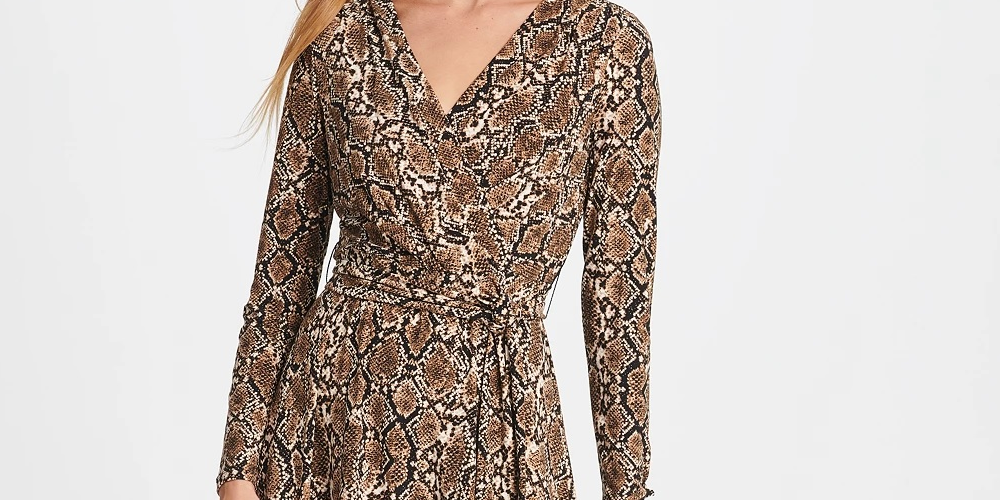 DKNY Women's Python Jersey Wrap Dress Brown Size 10