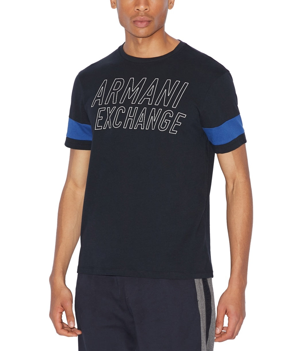 Ax Armani Exchange Men's Varsity Stencil Ax Logo Striped Sleeve T-Shirt Blue Size Small