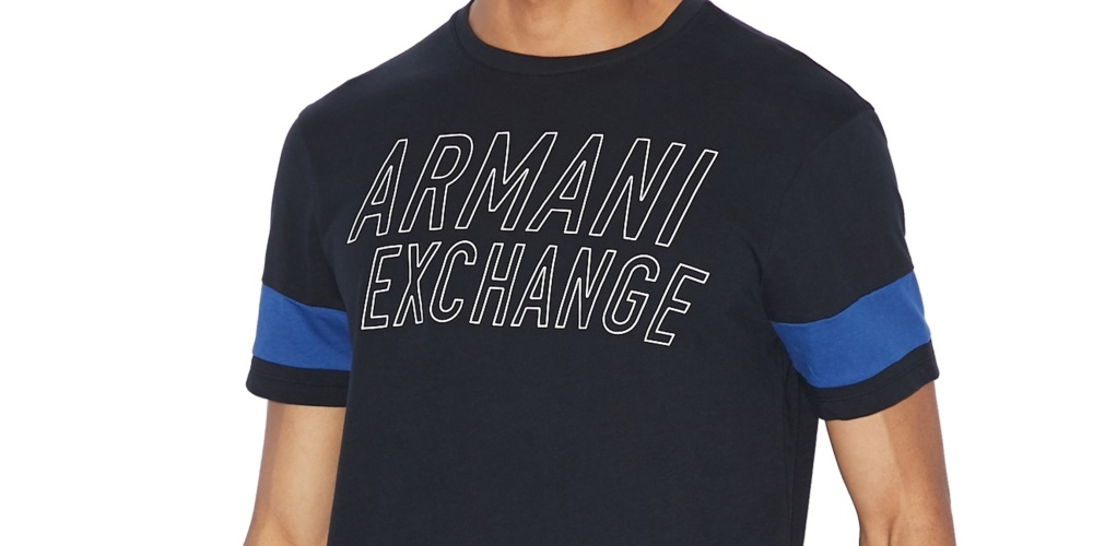 Ax Armani Exchange Men's Varsity Stencil Ax Logo Striped Sleeve T-Shirt Blue Size Small