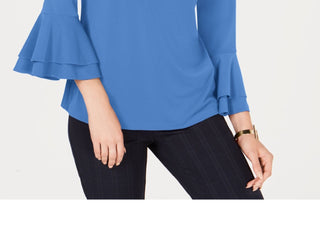 Charter Club Women's Bell Sleeve Keyhole Top Blue Size Small