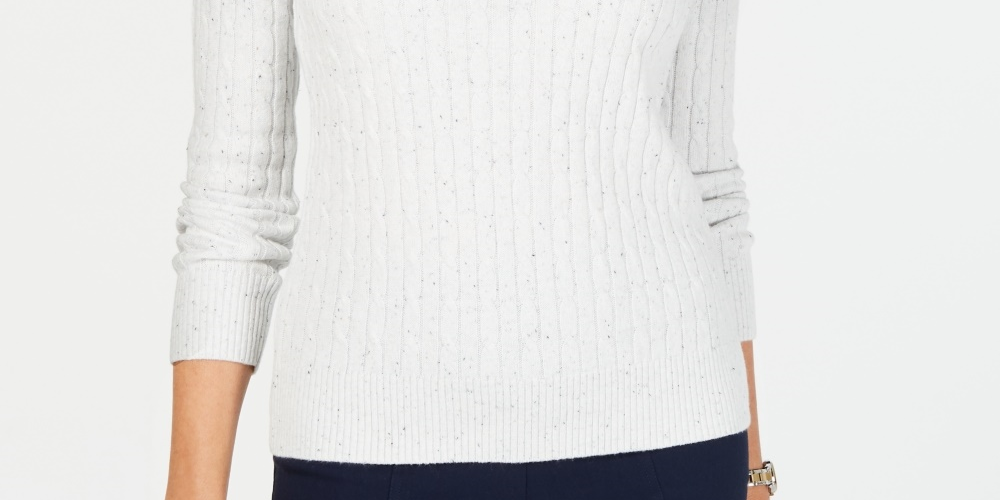 Karen Scott Women's Petite Cable-Knit Scoop-Neck Sweater White Size PL