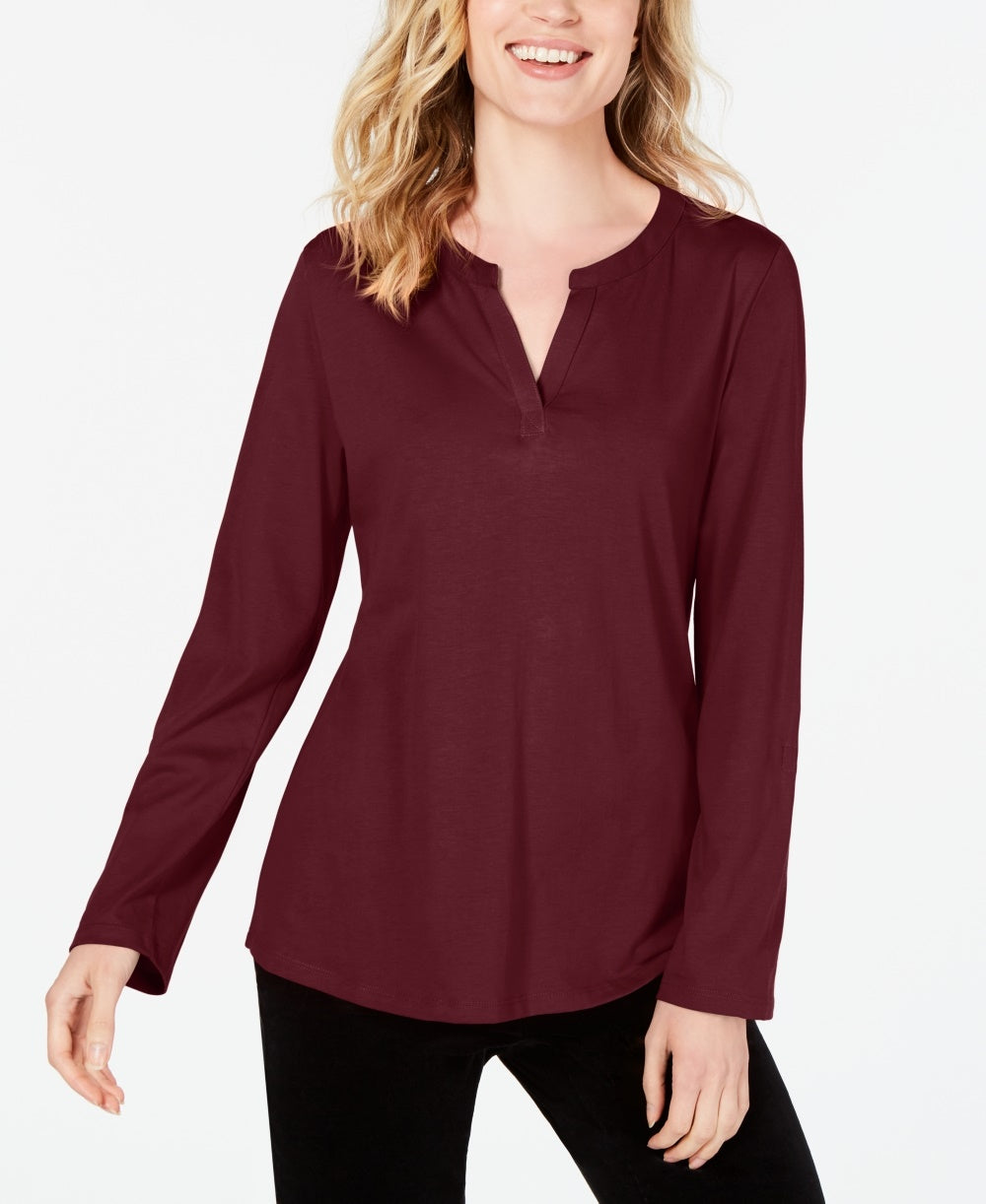 Charter Club Women's Cotton Split-Neck Utility Top Wine Size XX Large
