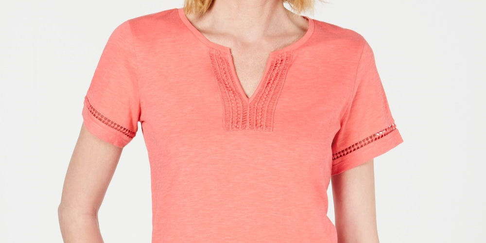 Charter Club Women's Split-Neck Cotton Top Pink Size Large