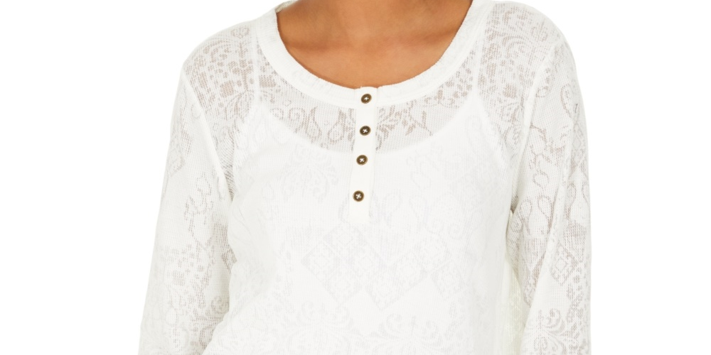 Style & Co Women's Lace Henley Top White Size XX-Large