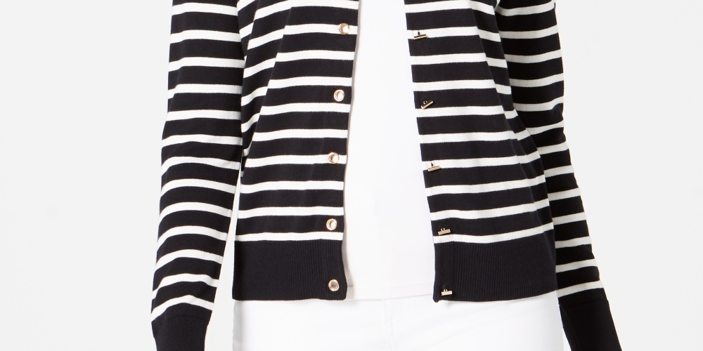 Charter Club Women's Striped Grommet Trim Cardigan Sweater Black Size XX-Large