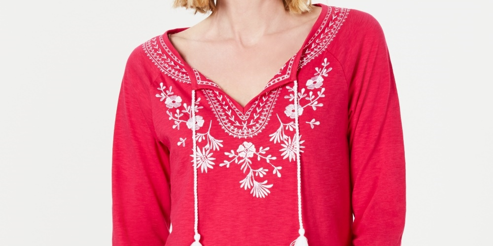 Charter Club Women's Petite Cotton Embroidered Peasant Top Pink Size Petite X-Large