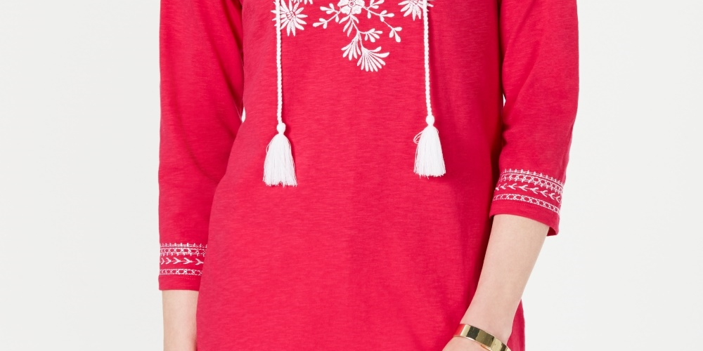 Charter Club Women's Petite Cotton Embroidered Peasant Top Pink Size Petite X-Large