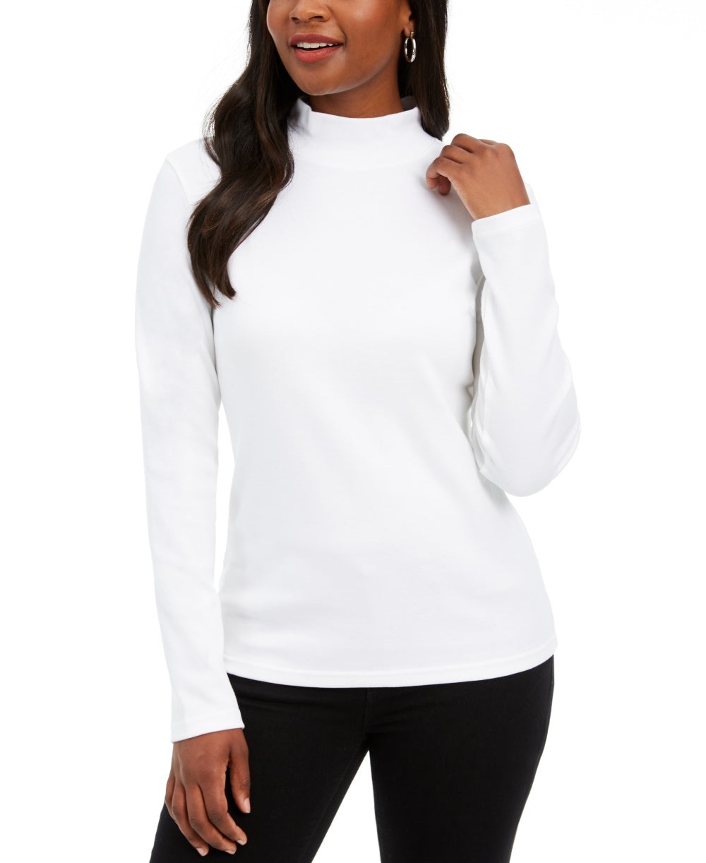 Karen Scott Women's Petite Long-Sleeve Mock-Neck Cotton Top White Size Petite X-Large