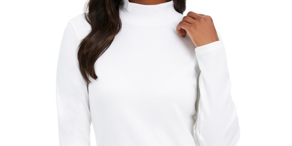 Karen Scott Women's Petite Long-Sleeve Mock-Neck Cotton Top White Size Petite X-Large