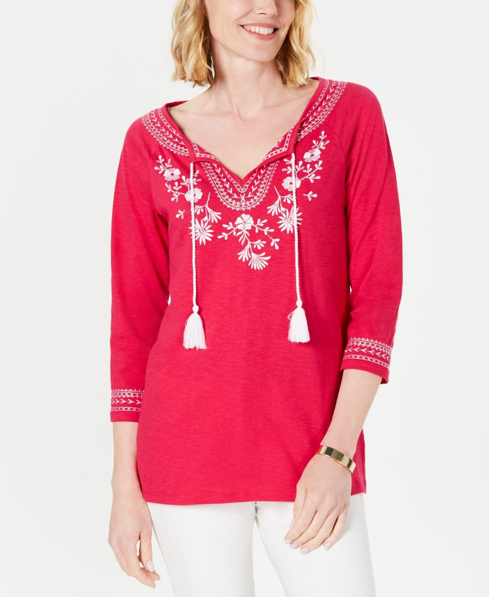 Charter Club Women's Petite Cotton Embroidered Peasant Top Pink Size PM