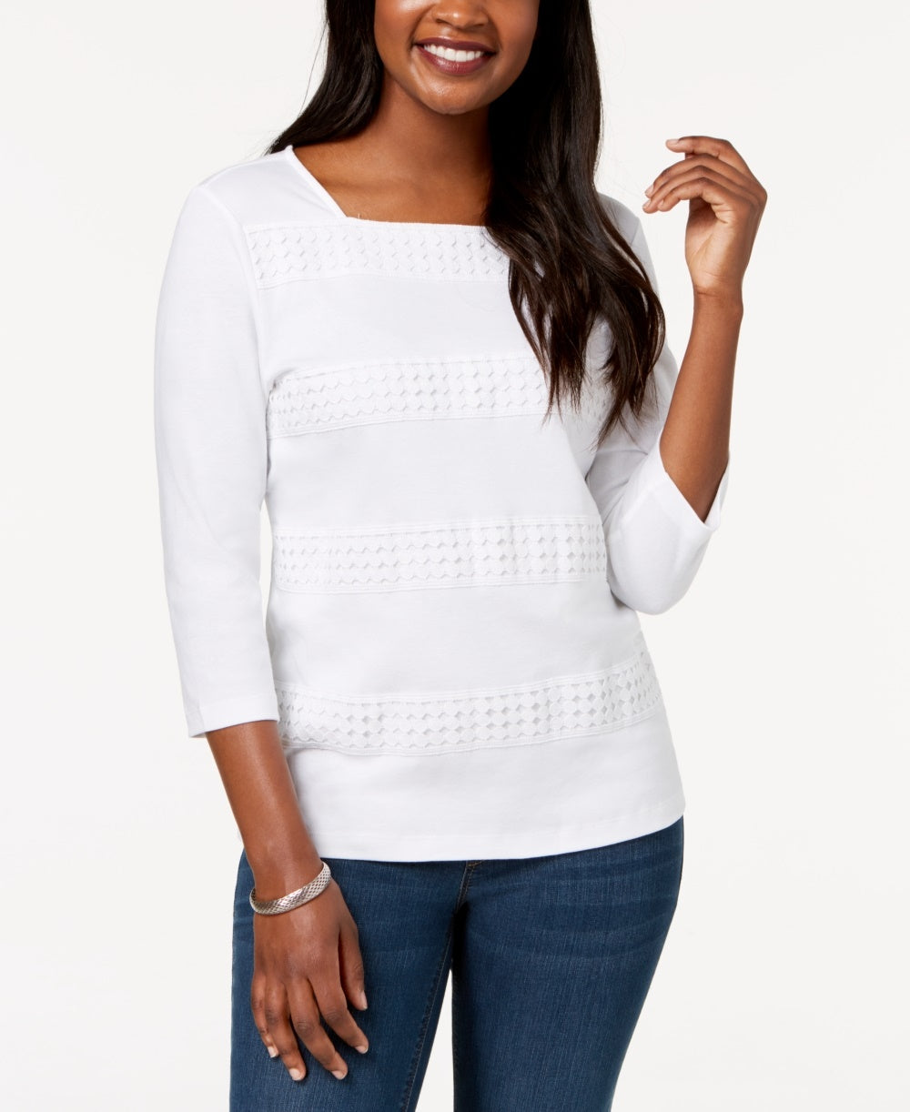 Karen Scott Women's Square-Neck Lace-Stripe Top White Size Medium