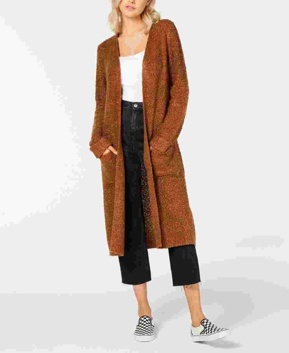 Hooked UP by IOT Women's Pocketed Long Sleeve Open Cardigan Duster Sweater Juniors Brown Size Small