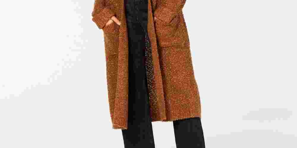Hooked UP by IOT Women's Pocketed Long Sleeve Open Cardigan Duster Sweater Juniors Brown Size Small