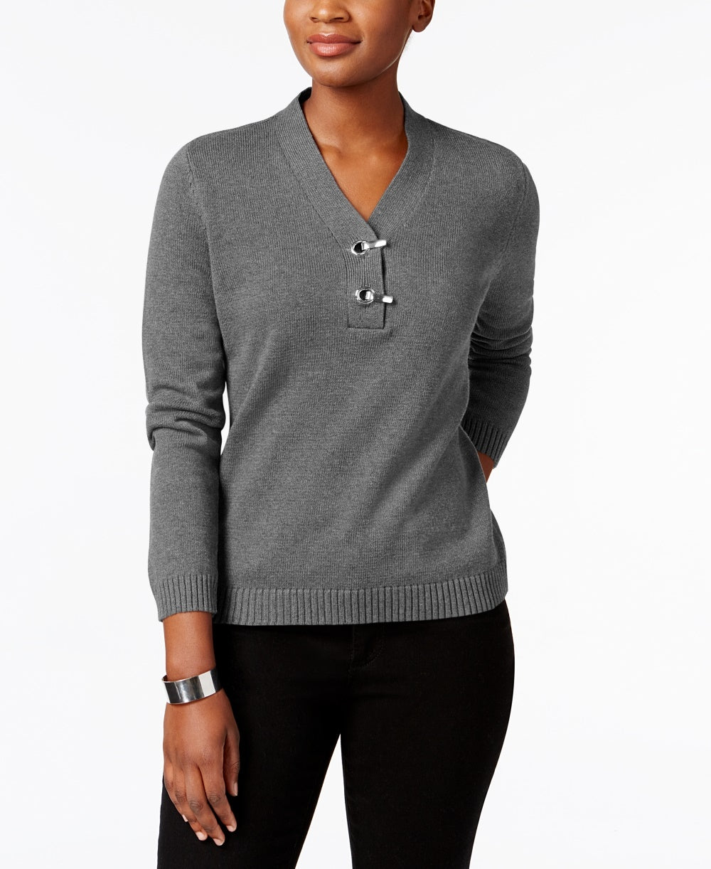 Karen Scott Women's Cotton Toggle Henley Sweater  Gray Size PM