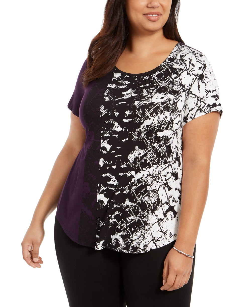 Alfani Women's Petite Printed Round-Hem T-Shirt  Purple Size Petite